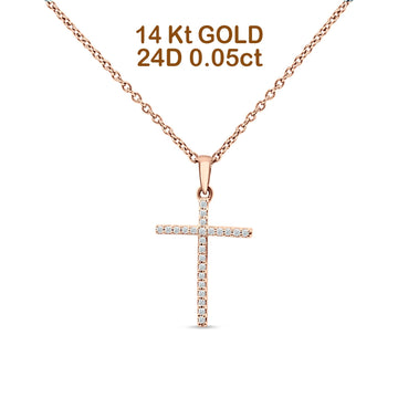14K Rose Gold 0.05ct Diamond Cross Pendant Necklace 18" Long Wholesale